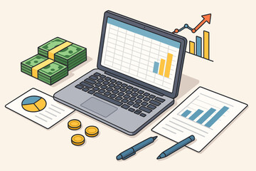 Isometric business finance concept. Laptop with spreadsheet and graph. Financial analysis, report, statistics. Investment growth, profit, success. Money, cash, coins. Arrow up.