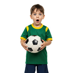 Surprised boy holding a soccer ball, perfect for sports and childhood themes.