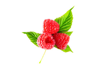 Ripe shiny raspberries with leaves isolated on white background.