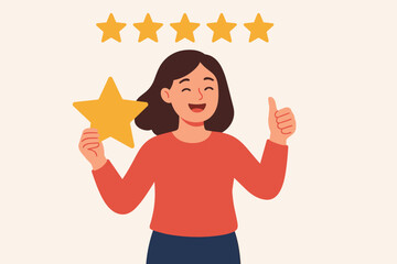 Satisfied woman customer gives a positive five-star review. Happy client with feedback and thumbs up for excellent service. User experience rating concept in flat vector design.