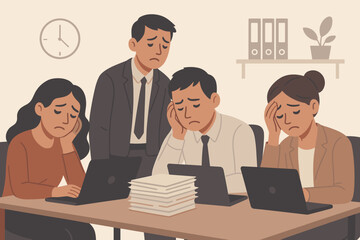 Professional burnout. Overworked business people in office. Unhappy, tired employees feeling stress, frustration from deadlines. Sad team. Corporate pressure. Mental health. Vector.