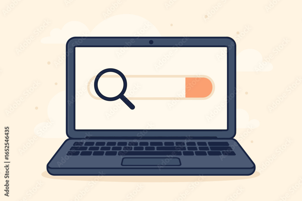 Poster concept of searching information on the internet. laptop with search bar and magnifying glass on scr