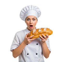 A surprised baker shows off a freshly baked loaf of bread.