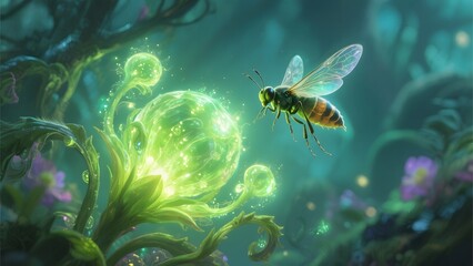 A bee hovers near glowing, luminescent orbs in a mystical forest setting.