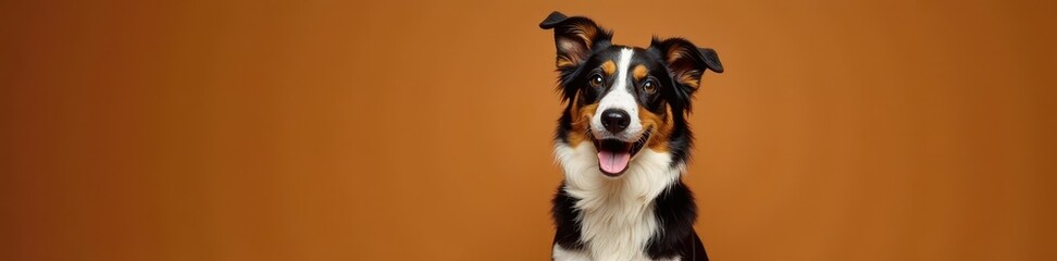 Happy young Border Collie close-up, studio shot, brown background, dog headshot, happy, animal