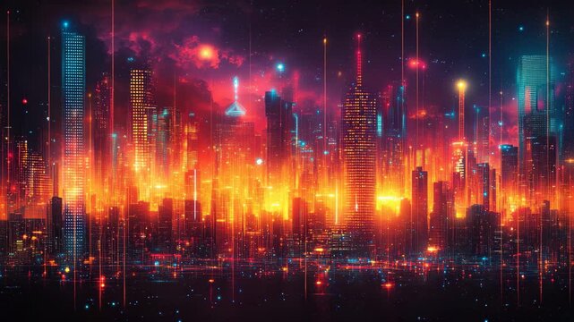 A radiant city skyline bursts with neons and fiery hues as dusk descends. Towering buildings reflect dazzling lights, transforming the atmosphere into a dreamlike spectacle of color.
