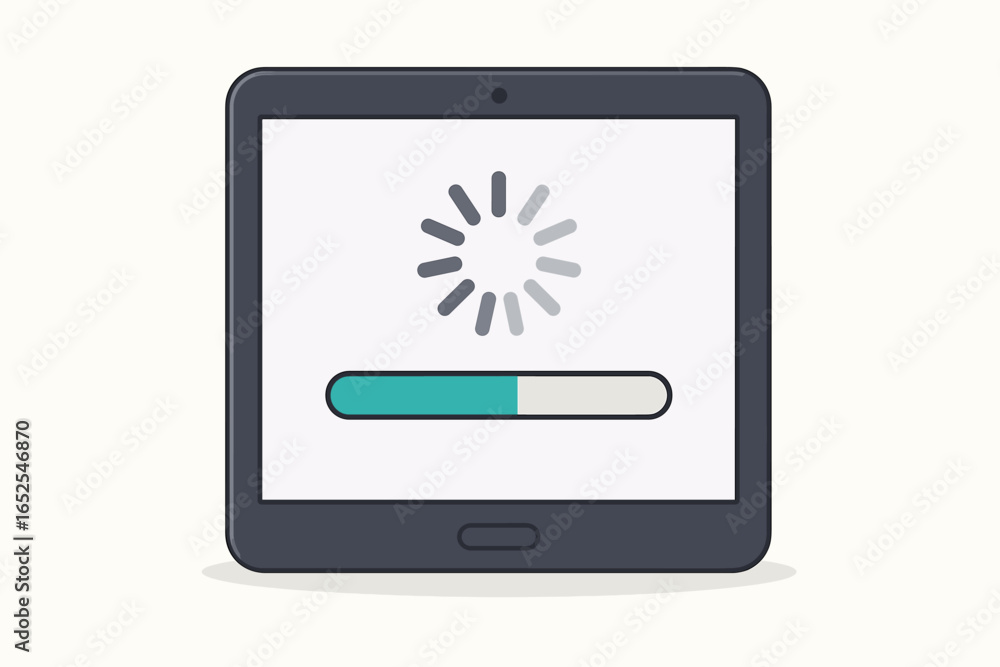 Aufkleber tablet device screen showing loading bar and wheel. system update or software download process. wait