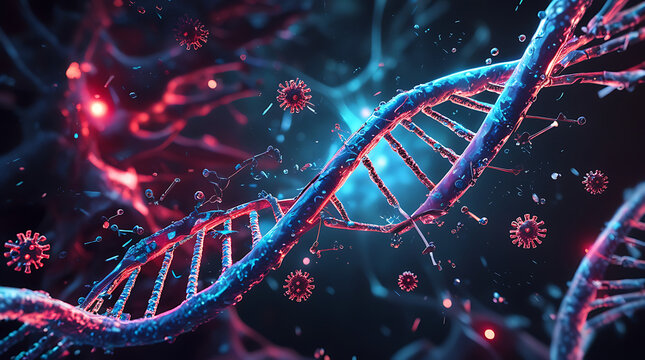 Double helix structure representing dna strands floating in a microscopic world with viruses and glowing particles, symbolizing scientific research and discovery.