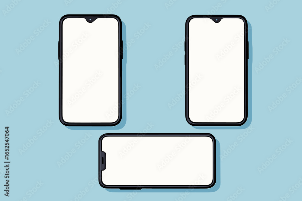 Poster three smartphones mockup with blank white screens for app ui/ux design presentation. mobile phone te