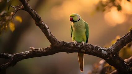 A vibrant green parrot perched on a tree branch during golden hour lighting