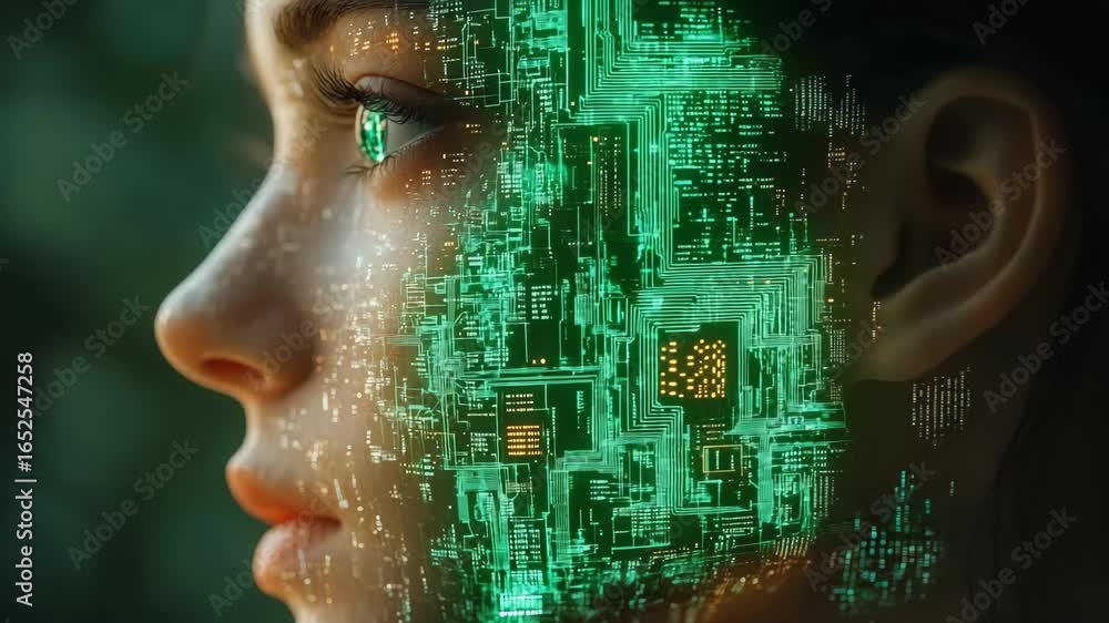 Poster in a mesmerizing blend of nature and digital transformation, a womans face emanates vibrant light as