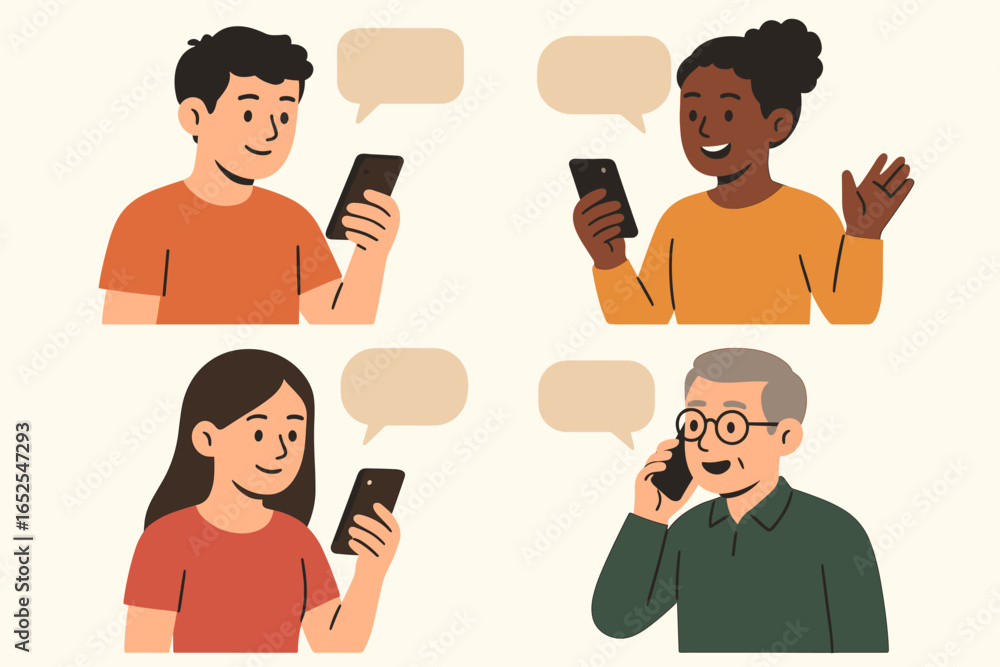 Poster diverse people using smartphones for communication vector set. multicultural characters of different