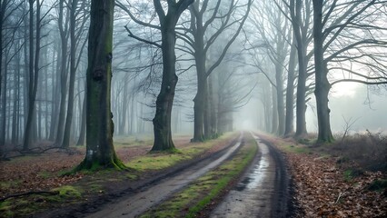 Misty forest path with tall trees in autumn