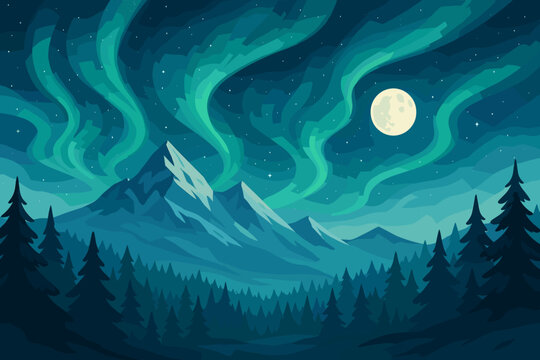 Fototapeta Northern lights landscape illustration. Aurora borealis in night sky with stars and moon. Mountain, forest, nature background. Winter travel. Vector cartoon scenic view.