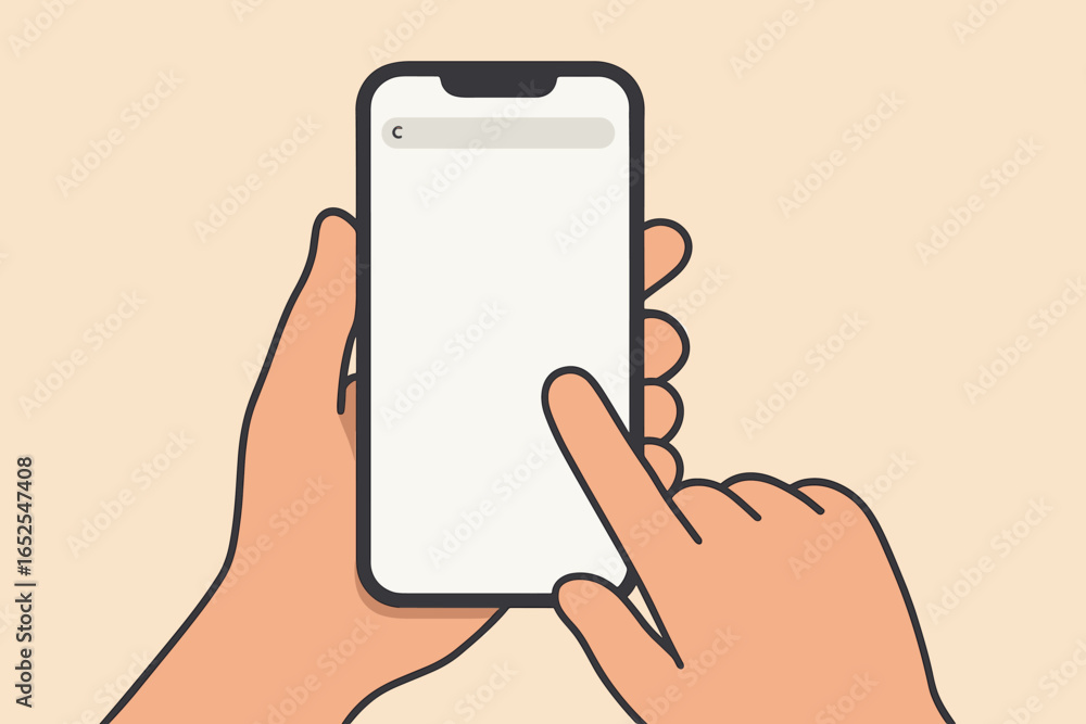 Poster hand holding smartphone mockup with blank browser screen. finger touching display. phone template fo