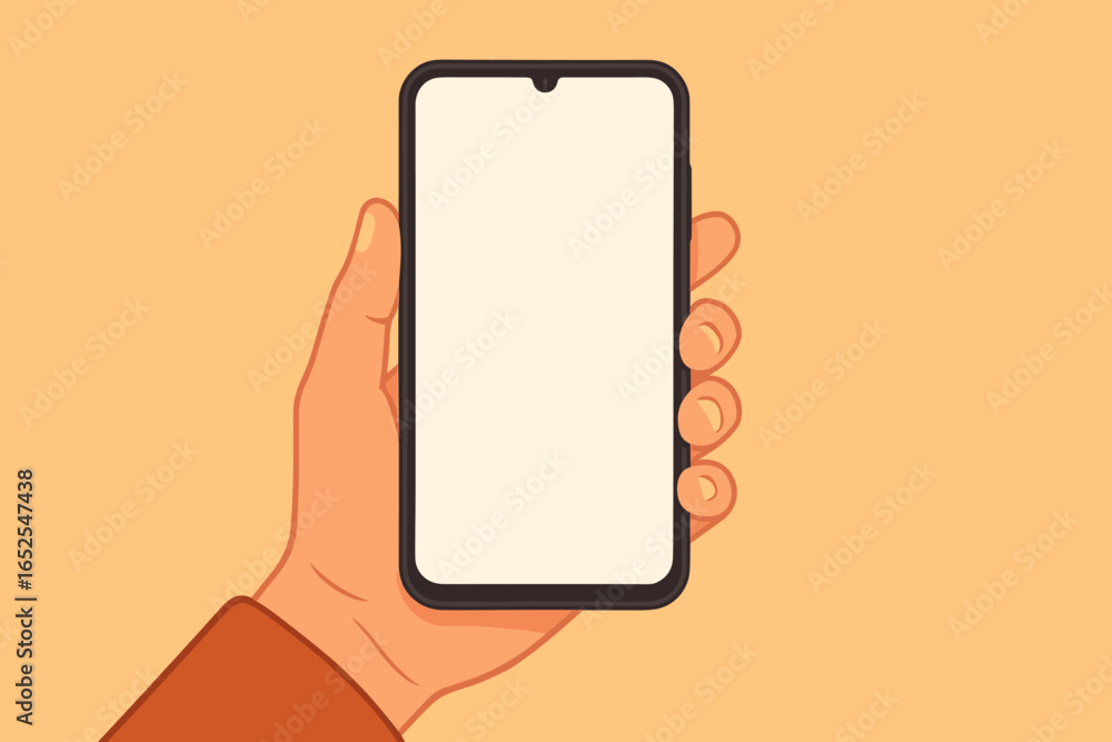 Poster hand holding smartphone with blank white screen. phone in hand vector mockup for mobile app presenta