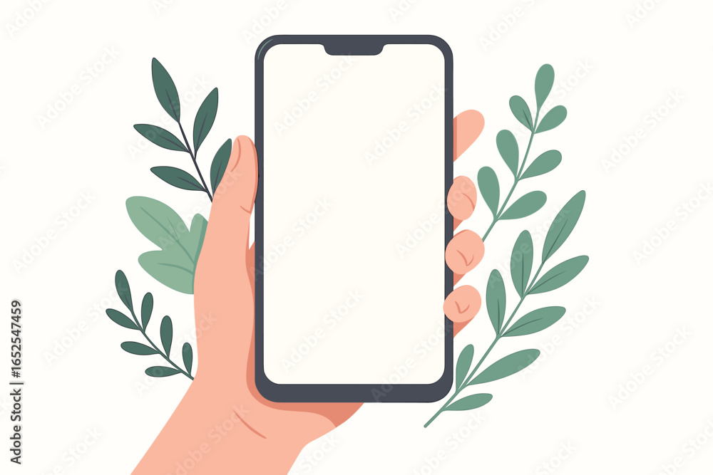 Poster hand holding smartphone mockup with blank screen. mobile phone vector template for app or web design