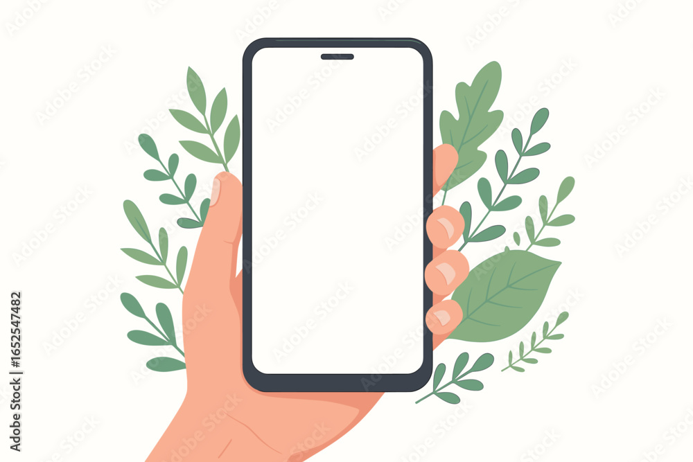 Poster phone in hand vector mockup. mobile smartphone with empty blank screen for template. flat design ill