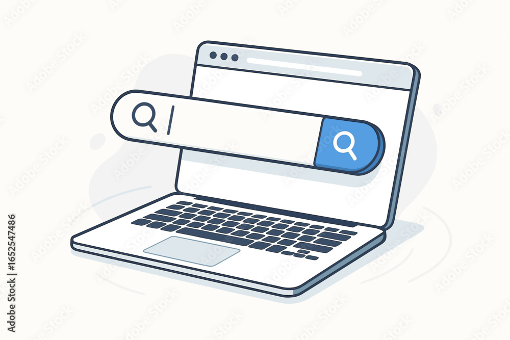 Poster search bar on laptop screen vector illustration. concept of searching for information on the interne