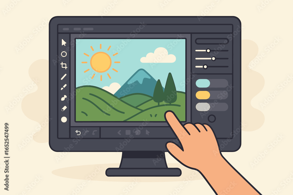 Aufkleber photo editing software on computer screen. hand retouching landscape. graphic design process. digita