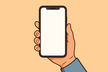 Hand holding smartphone with blank white screen. Mobile phone mockup for app or website design. Vector cartoon illustration with copy space for UI UX presentation.