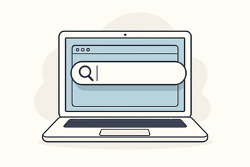 Laptop computer with search bar on screen. Vector cartoon of internet browsing and online research. Concept for finding information, web surfing, and data query. Magnifying glass.