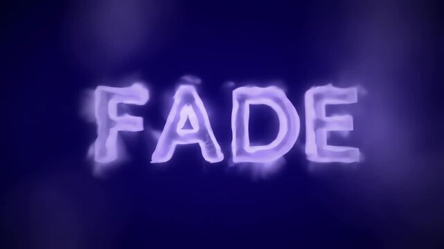 Purple word FADE gradually dissipates, against dark blue background, symbolizing disappearance, transition, memory loss, or end