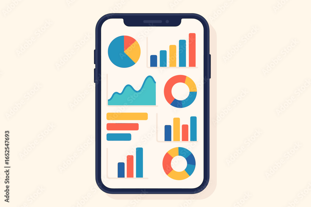 Poster data analysis on phone screen. mobile analytics app with business statistics dashboard. financial re