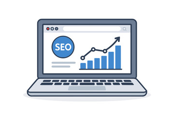 SEO optimisation analysis vector illustration. Laptop with website search engine ranking report. Digital marketing data, traffic growth chart, and keyword strategy concept.