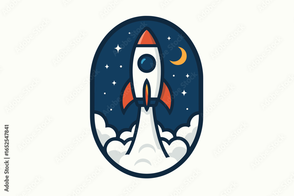 Poster rocket launch in space vector illustration. startup business project concept. spaceship flying into 