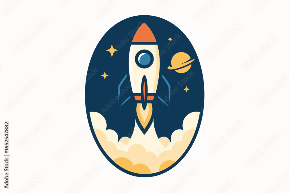 Poster rocket launch vector logo for business startup. spaceship taking off into space with planets and sta