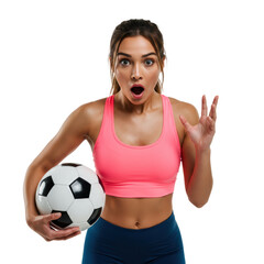A woman shows surprise while holding a soccer ball, looking shocked.