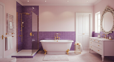Elegant Women’s Luxurious Bathroom with Modern Design, Stylish Fixtures, Marble Surfaces, Spa-Like Ambiance, and Sophisticated Decor