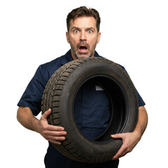 Surprised mechanic holding a tire with a shocked expression on his face.