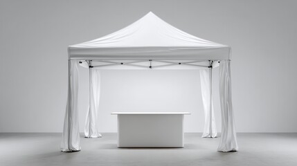 Empty white pop up tent booth with counter for outdoor events and exhibitions.
