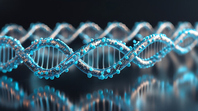 Double helix dna structure reflecting on a dark surface, representing genetic research and scientific advancement with a futuristic aesthetic.