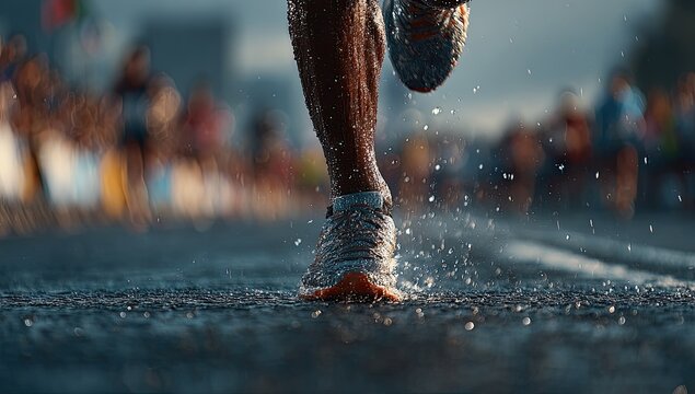 and keyword list based on the image, avoiding brand names and artist attributions

 Runner Runs Forward on Wet Pavement at a Race Event; Action Sports.