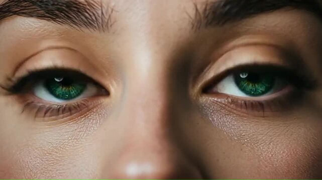 Closeup of a persons bright green eyes with long lashes