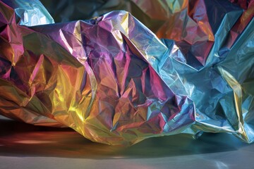 Shiny, crumpled foil under studio lighting with colorful light used as a backdrop