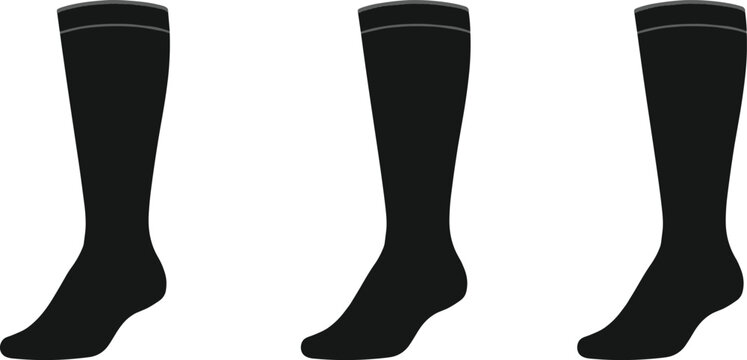 Black knee high socks vector illustration, front and side view, simple fashion accessory design, apparel template, clothing mockup, hosiery technical sketch
