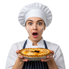 A surprised chef holds a freshly baked pie, looking astonished with flour on her face.