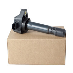 ignition coil on package box isolate on white background. automobile car spare part.