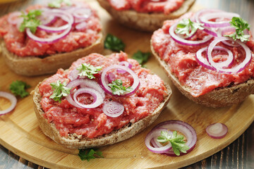 Traditional German sandwiches with minced meat Mettbroetchen	