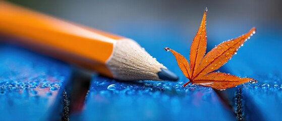 Closeup of rainy day leaf and pencil