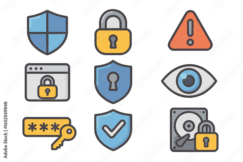 Poster cybersecurity icon set for data protection and internet safety. vector symbols for privacy, password