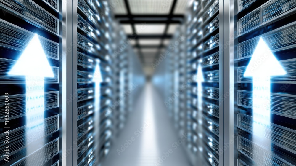 Poster data center with illuminated one way arrows guiding through server racks, showcasing advanced techno