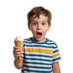 A delighted boy is surprised by the ice cream he holds in his hand.