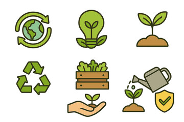 Ecology icon set. Environmental sustainability, green energy, and agriculture symbols. Eco-friendly gardening, recycling, and conservation concepts for a clean planet. Vector.