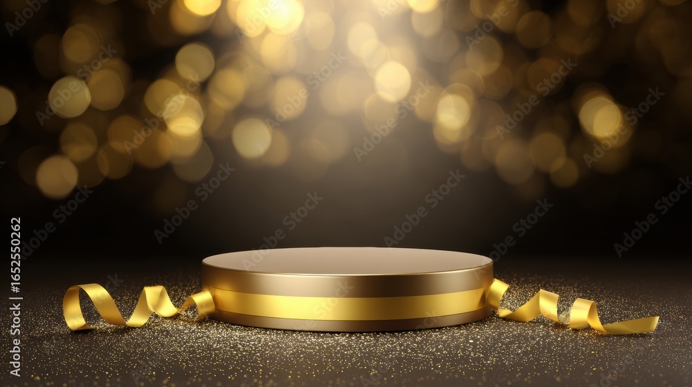 Poster golden podium with shiny surface is surrounded by sparkling bokeh lights, creating festive atmospher