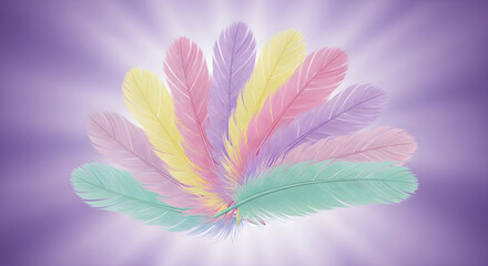 Pastel feathers arranged on soft purple background